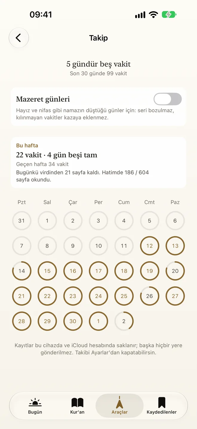 Namaz takibi: seri ve aylık takvim